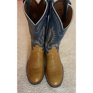 Tony Lama Boots Mens 9B Blue Tan Western Cowboy Roper Leather Stitched Rodeo